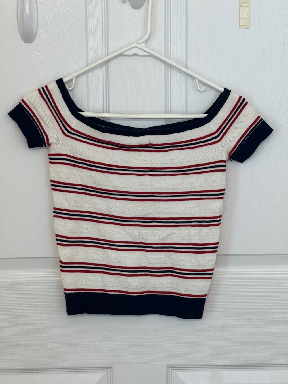 American Eagle Outfitters White Knit Top with Red and Navy Stripes